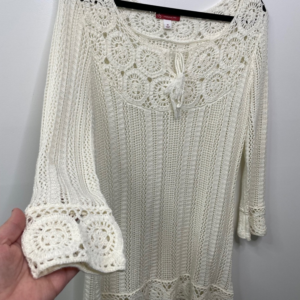 CJ Bank Ivory Crochet Knit Tunic Sweater 3/4 Sleeve Tassel Boho Hippie Granola M - Picture 4 of 11
